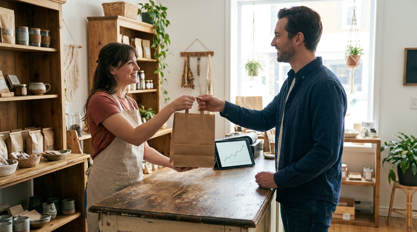 Une commerçante remet un sac à un client fidèle; une tablette affiche une courbe de valeur client en hausse