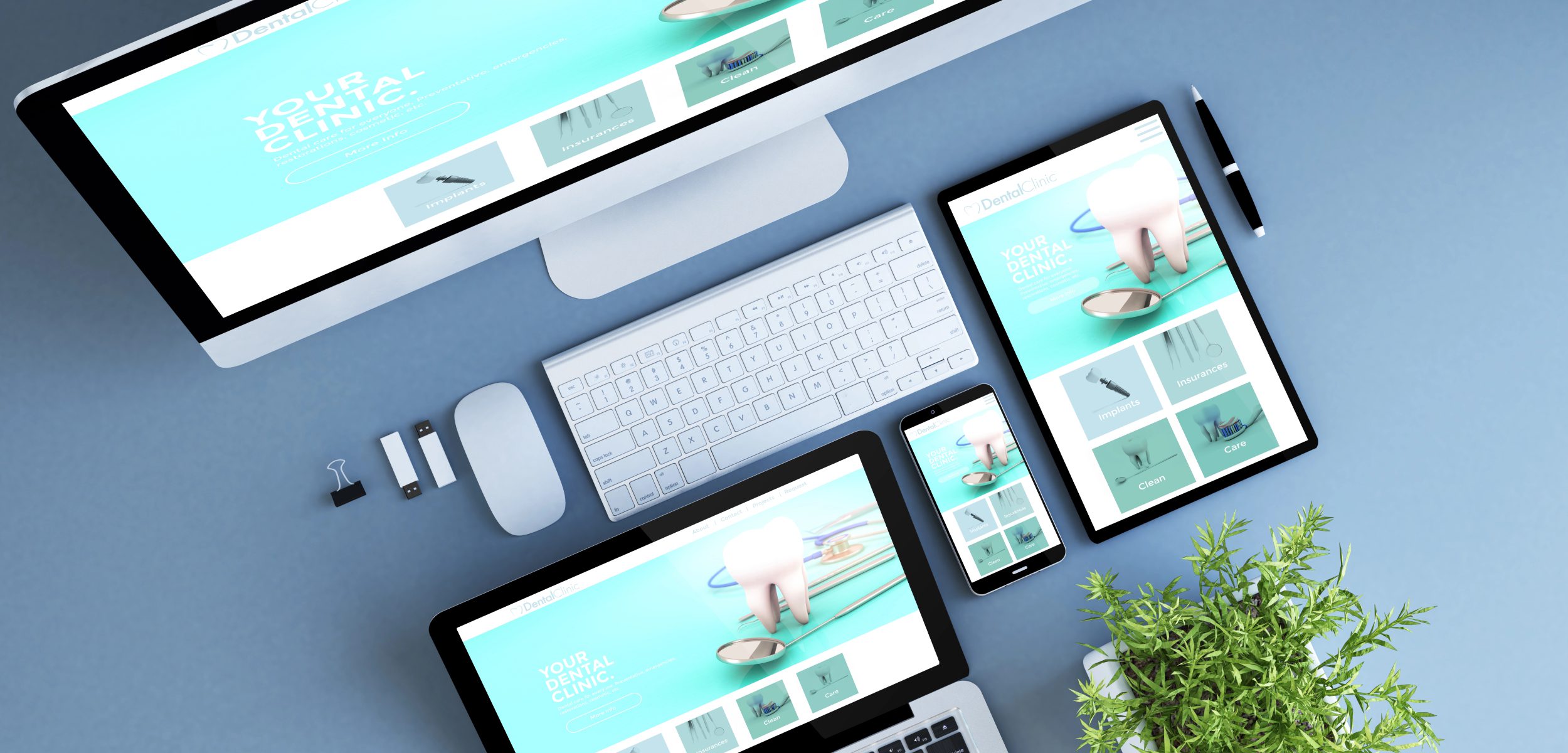 Site web d'une clinique dentaire affiché sur un ordinateur, une tablette, un portable et un téléphone