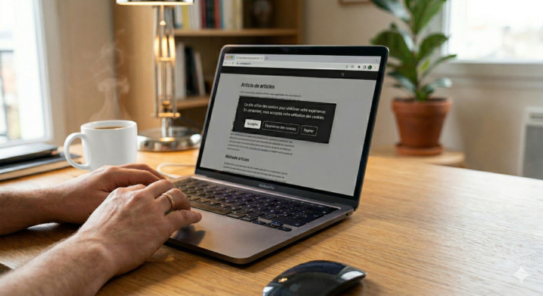 Bannière de cookies affichée sur un site web dans un ordinateur portable