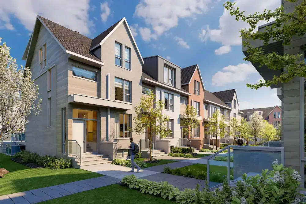 Rendu des maisons en rangée du projet Quartier Metta à Laval