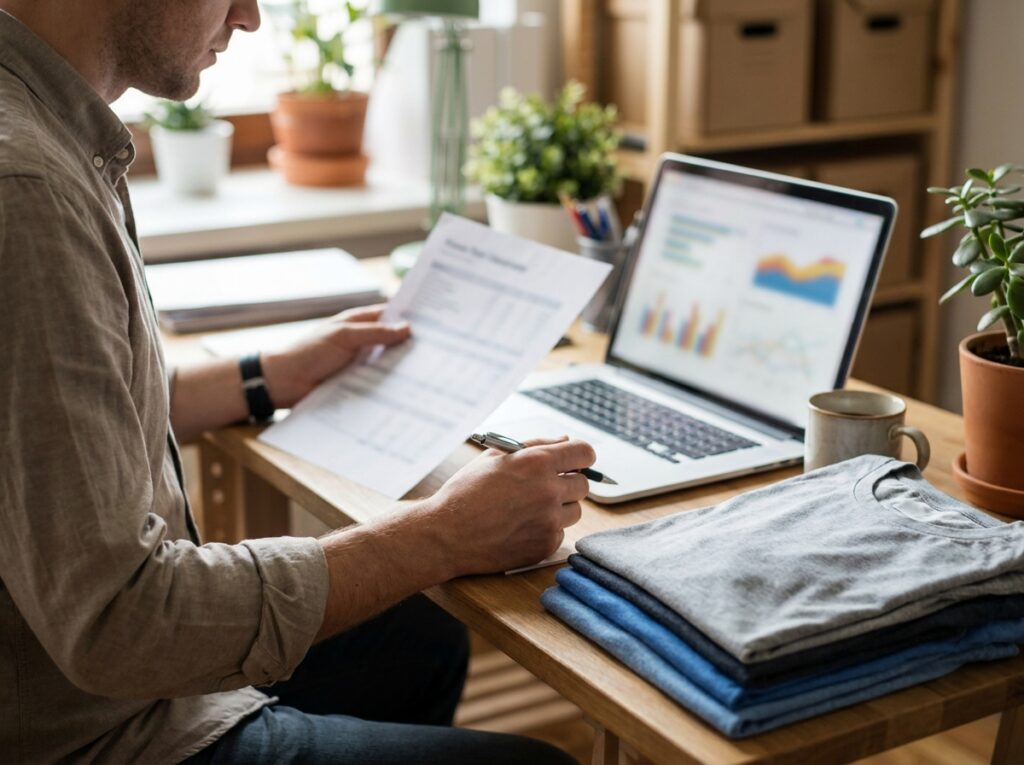 Gestionnaire qui compare un rapport de ventes et un tableau de bord publicitaire, à côté de t-shirts pliés
