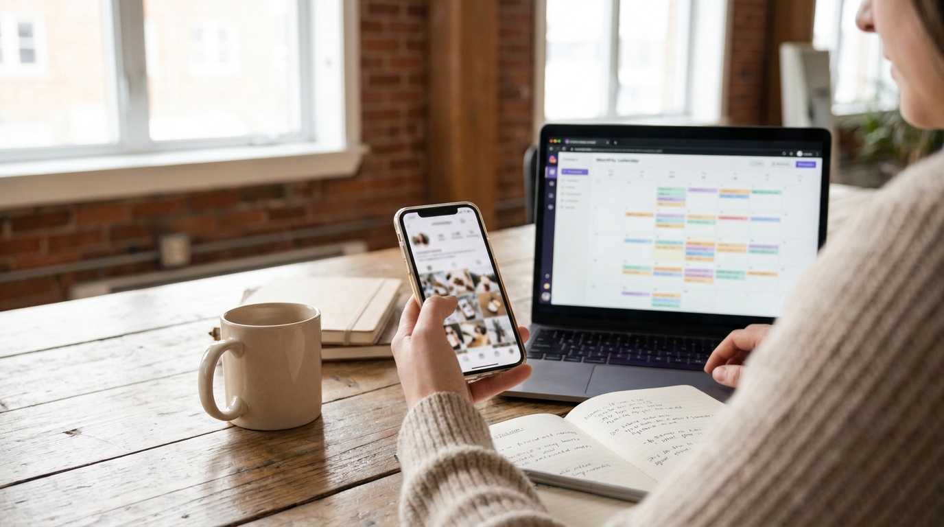 Planification d’un calendrier de publications pour les médias sociaux sur un ordinateur et un téléphone