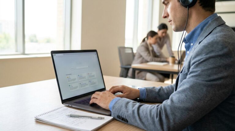 intentions recherche b2b Un acheteur B2B recherche des fournisseurs sur son ordinateur portable, au bureau