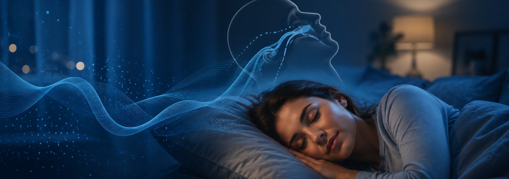 Femme endormie paisiblement, entourée d’ondes bleues qui évoquent la respiration pendant le sommeil